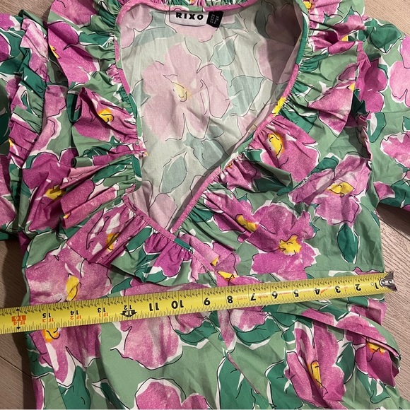 RIXO Frida Midi Wrap Dress S Small Petite Pink Ruffled Floral Print Crepe Boho - Picture 15 of 16